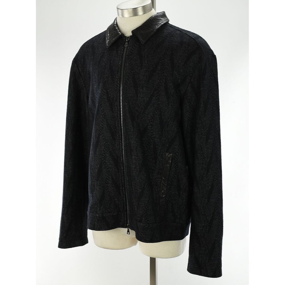 JOHN VARVATOS Black Chevron BERGEN Wool Knit Leather Collar Zip Jacket LARGE NWT